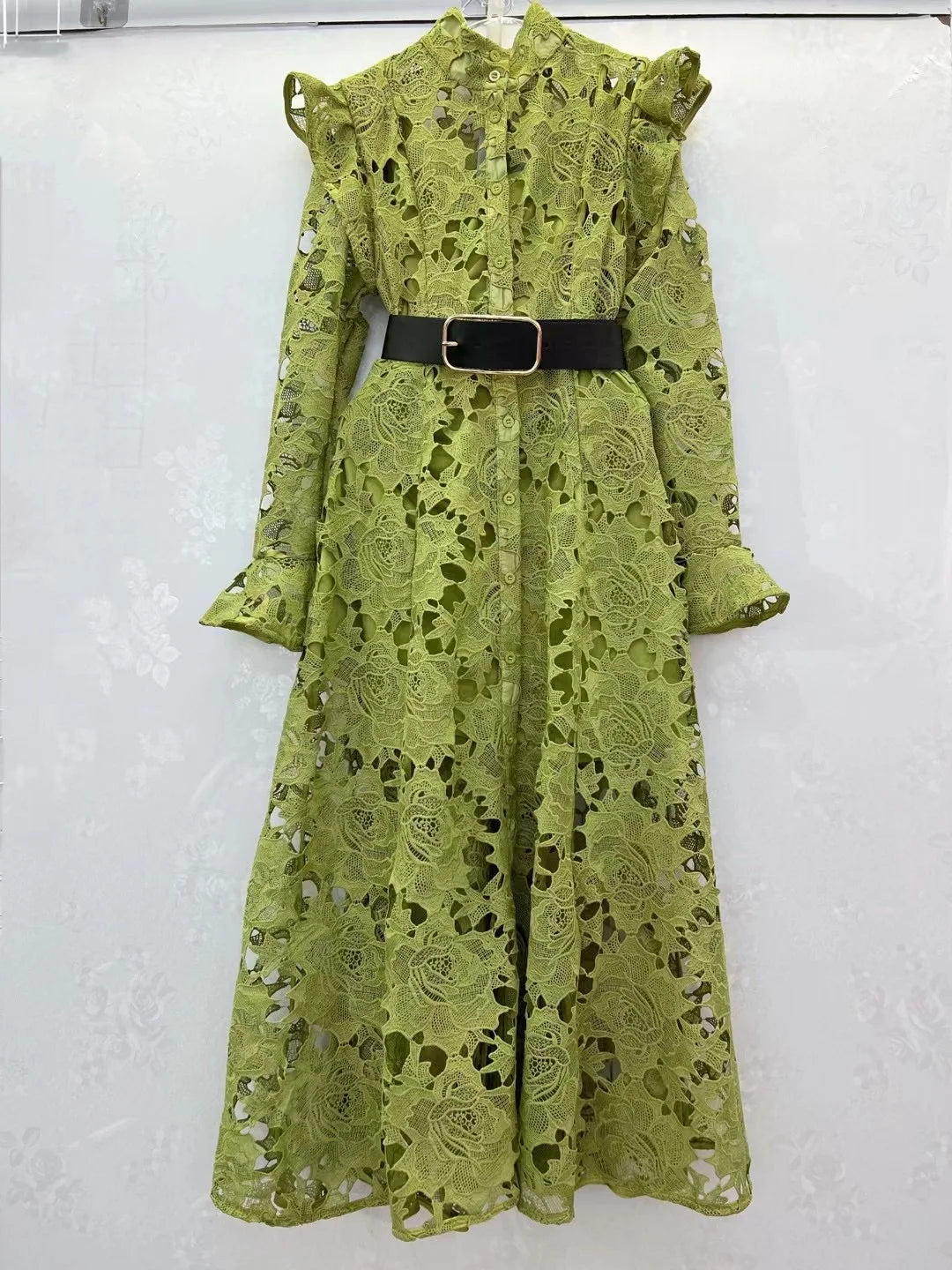 Lace Ruffle Shoulder Button Front Belted Long Sleeve Midi Dress
