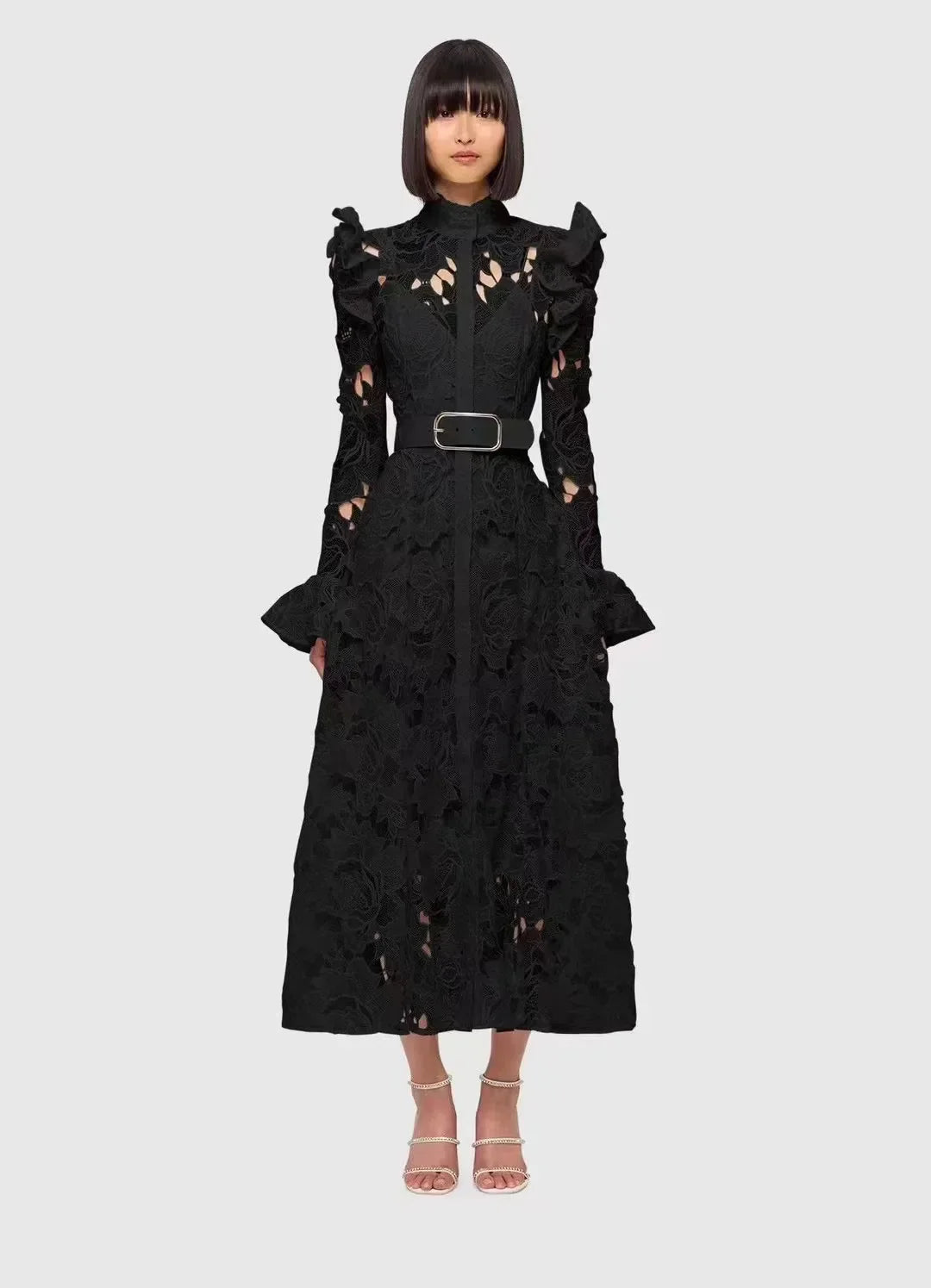 Lace Ruffle Shoulder Button Front Belted Long Sleeve Midi Dress