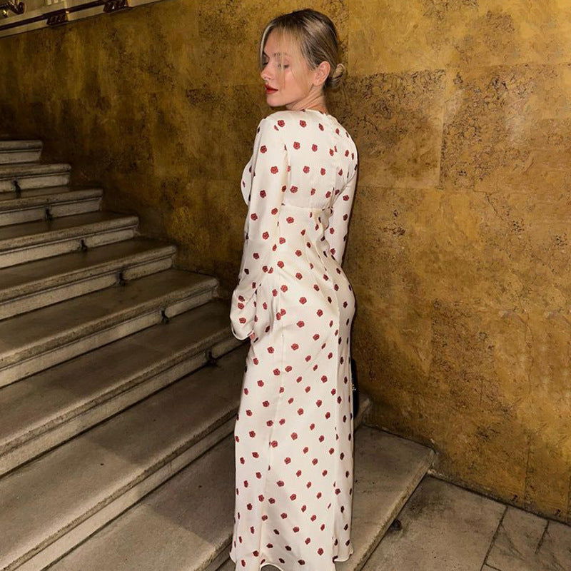 French Printed Bell Sleeve Casual Maxi Dress