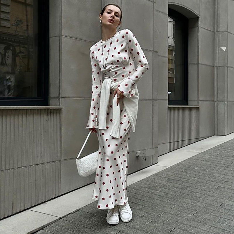 French Printed Bell Sleeve Casual Maxi Dress