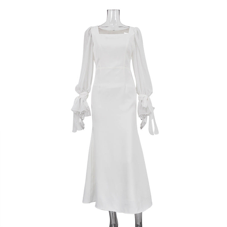 Mesh Square Neck Puff Sleeve Tie Cuff Fishtail Maxi Gown