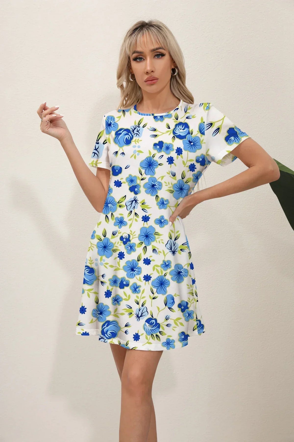 Leaf Print Crew Neck Short Sleeve A-Line T-Shirt Mini Dress 4