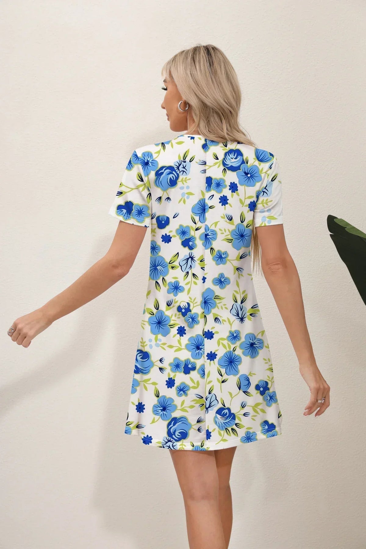 Leaf Print Crew Neck Short Sleeve A-Line T-Shirt Mini Dress 5