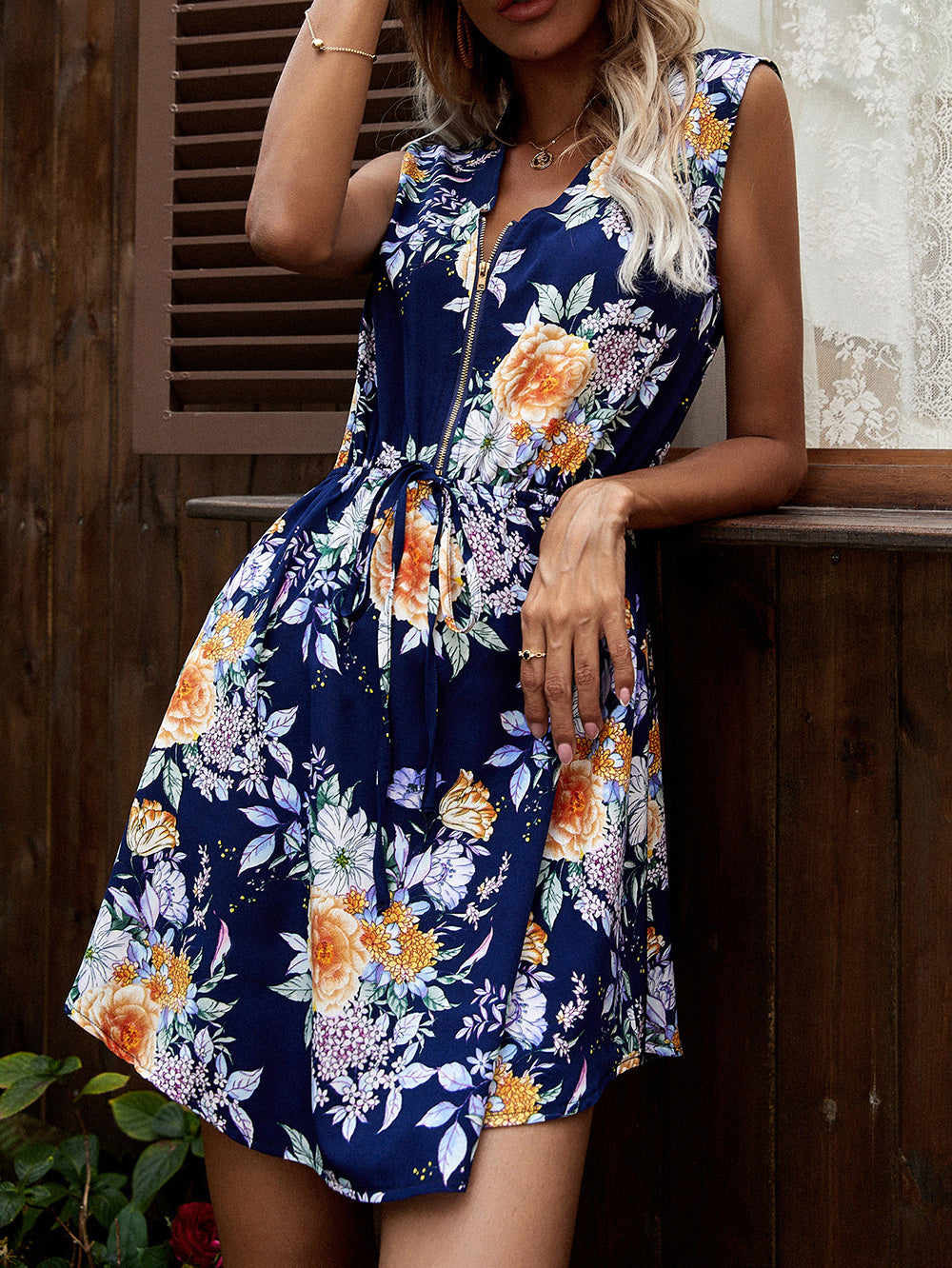 Fresh and Sweet V neck Zipper Print Dress