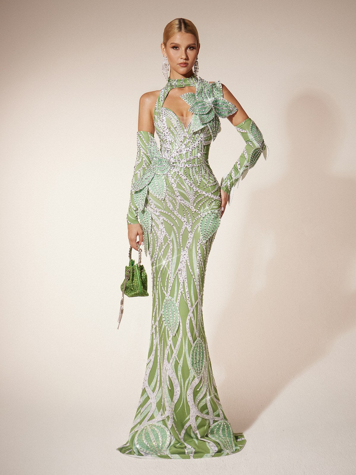 Halter Neck Cut Out Leaf Sequin Mermaid Maxi Gown With Arm Sleeves
