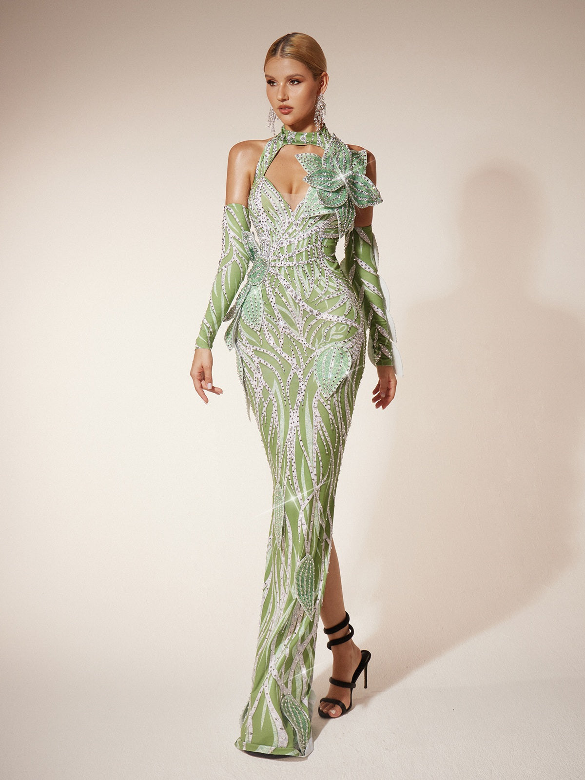 Halter Neck Cut Out Leaf Sequin Mermaid Maxi Gown With Arm Sleeves
