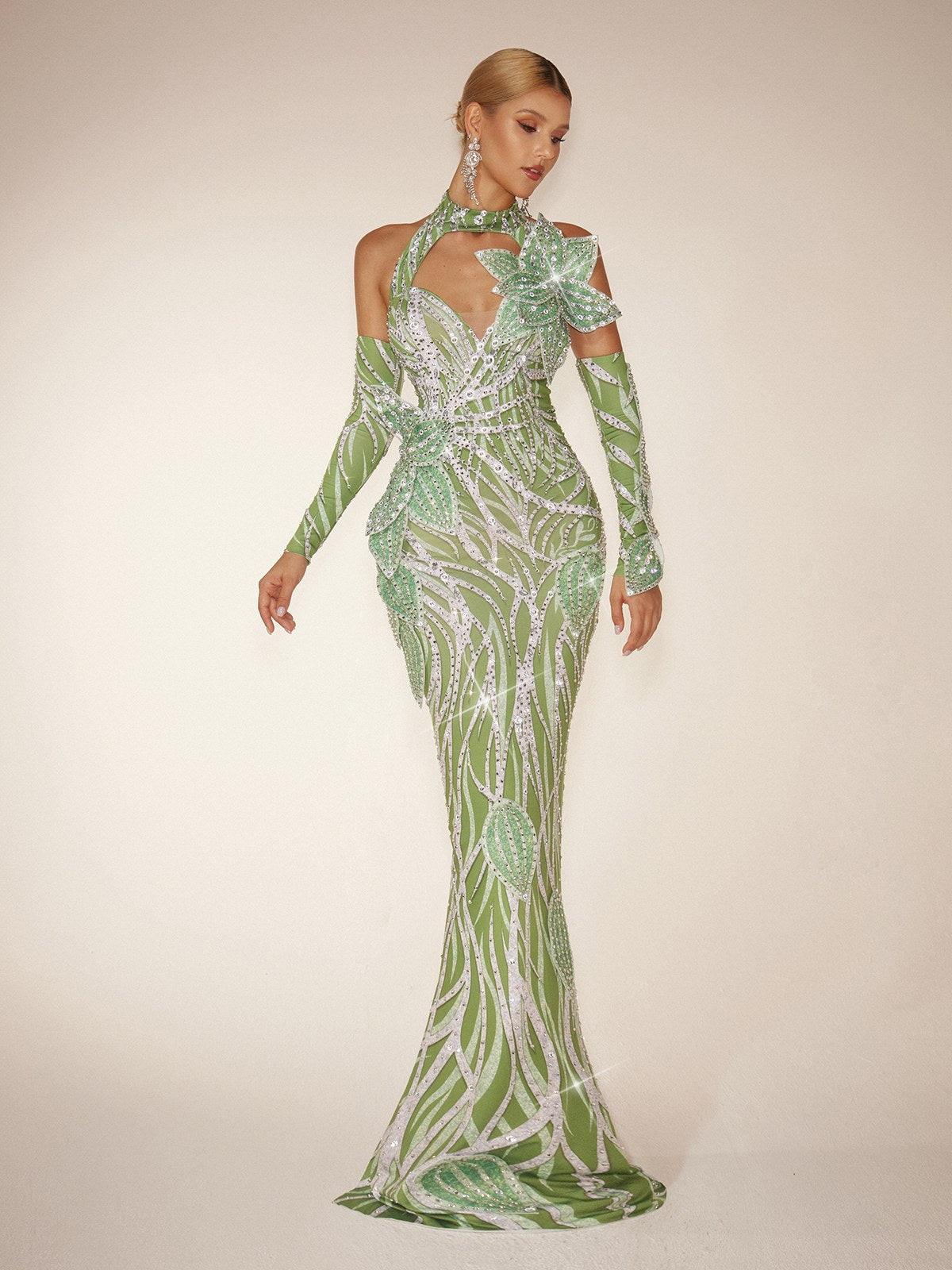 Halter Neck Cut Out Leaf Sequin Mermaid Maxi Gown With Arm Sleeves