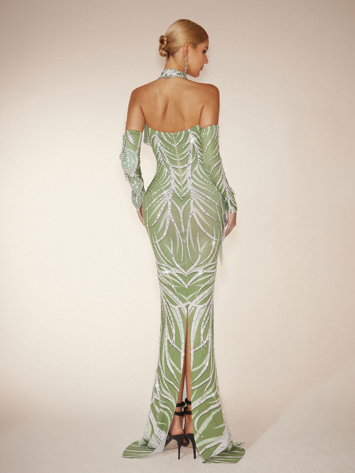 Halter Neck Cut Out Leaf Sequin Mermaid Maxi Gown With Arm Sleeves