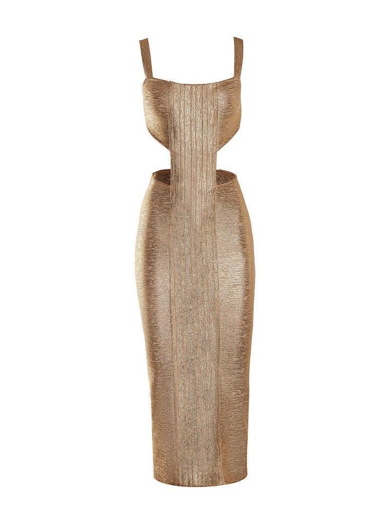 Metallic Scoop Neck Cut Out Bandage Fishtail Midi Dress