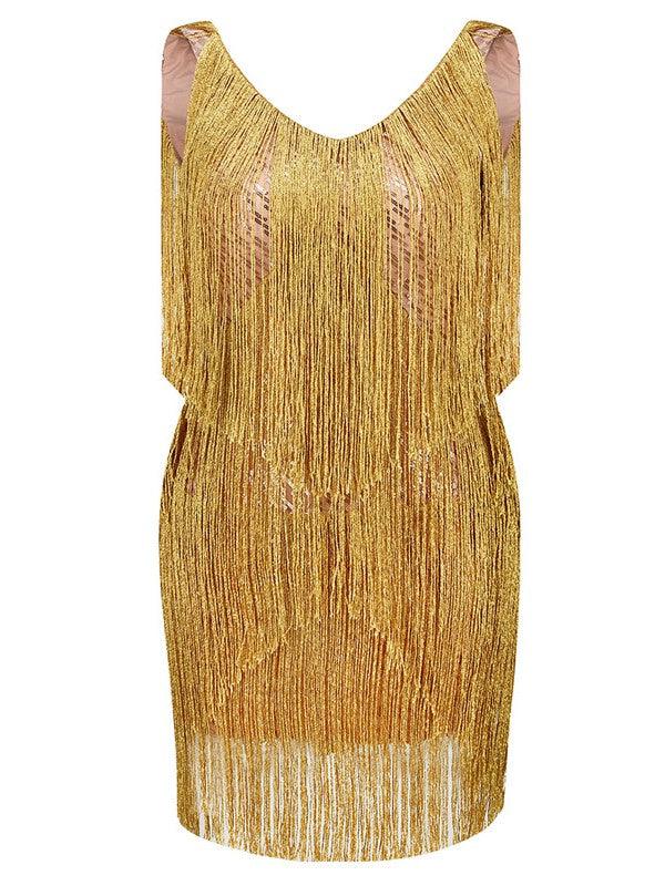 Sequin V-Neck Sleeveless Tiered Fringe Mini Dress