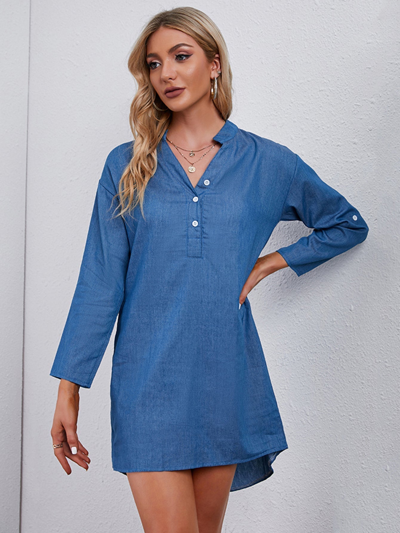 Front buttons long sleeves denim dress
