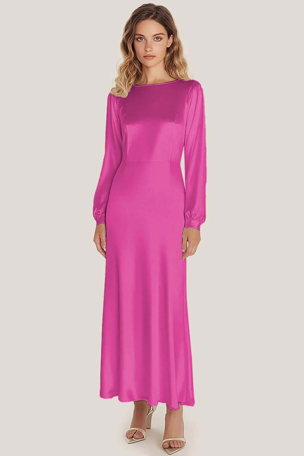 Ivory Satin Scoop Neck A-Line Ankle Length Formal Dress with Long Sleeves