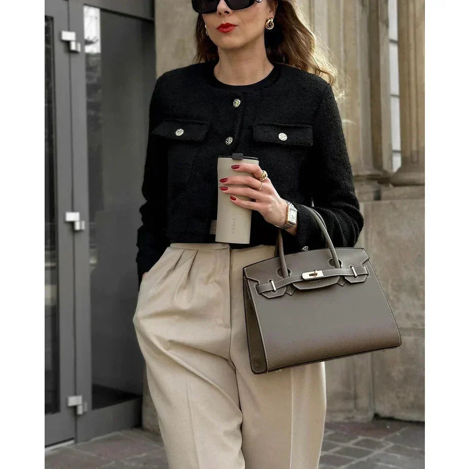 Top Handle Buckle Lock Structured Satchel Bag
