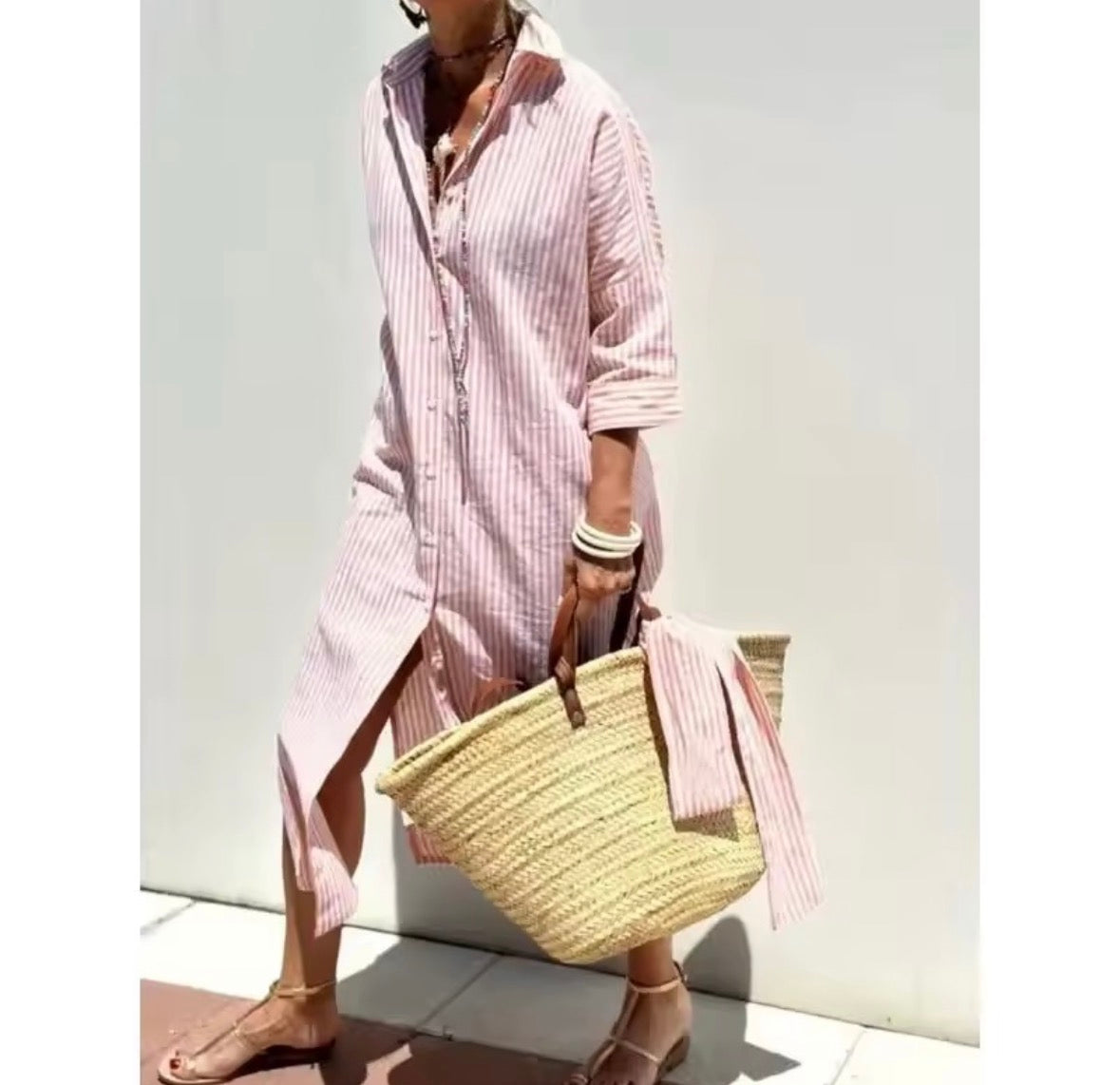 Striped Button Front Long Sleeve High Split Maxi Shirt Dress