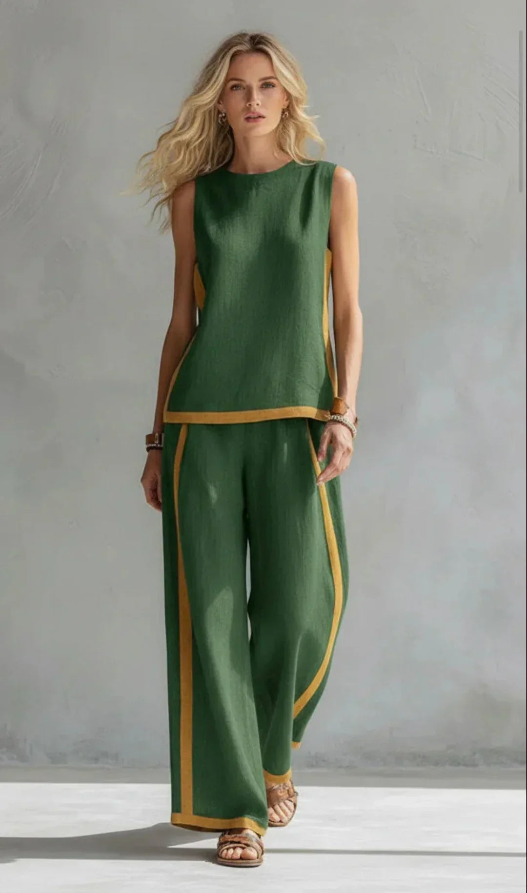 Sleeveless Contrast Trim Top and Wide Leg Pants Two Piece Set