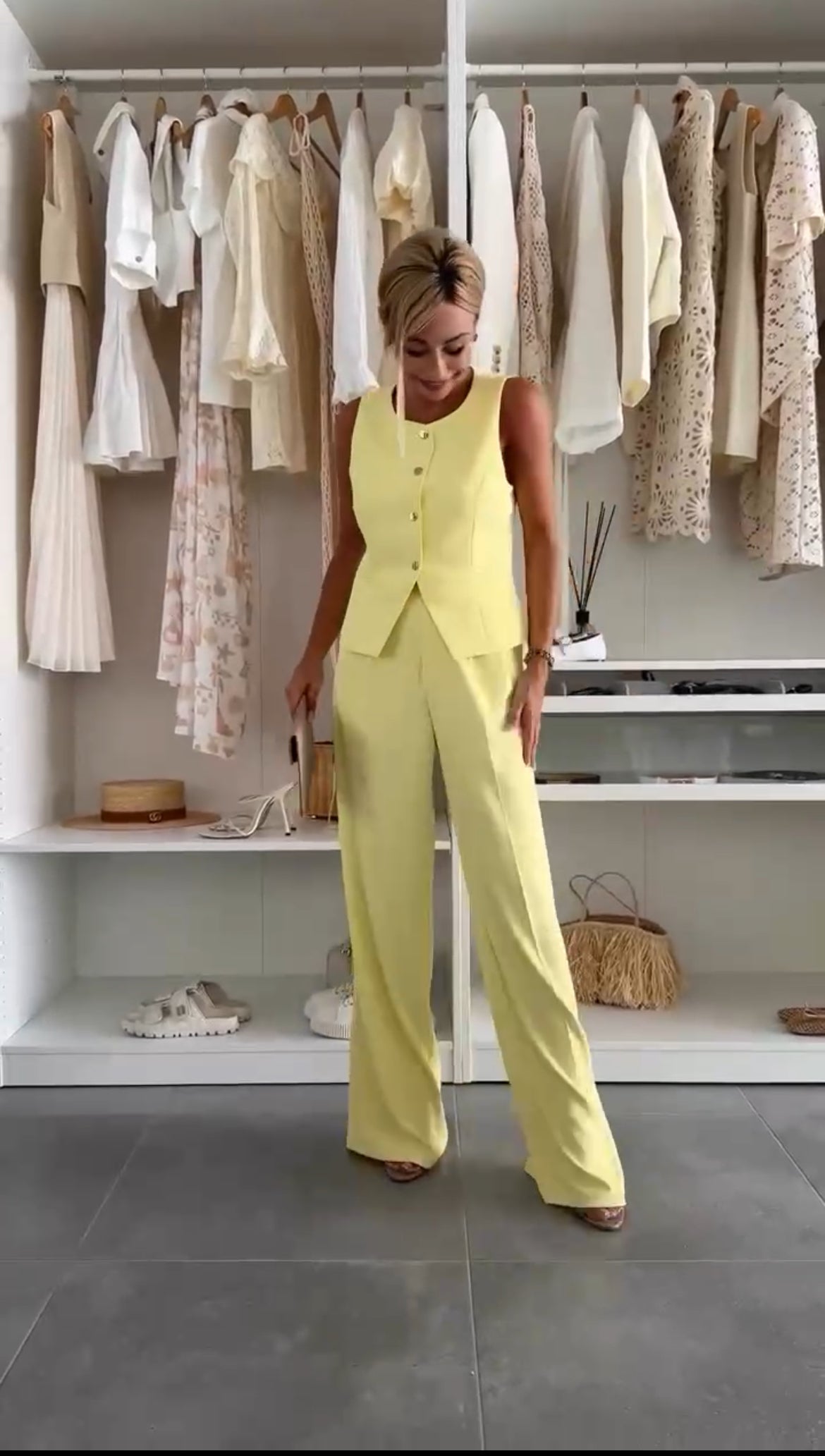 Sleeveless Button Vest and Wide Leg Pants Two Piece Set