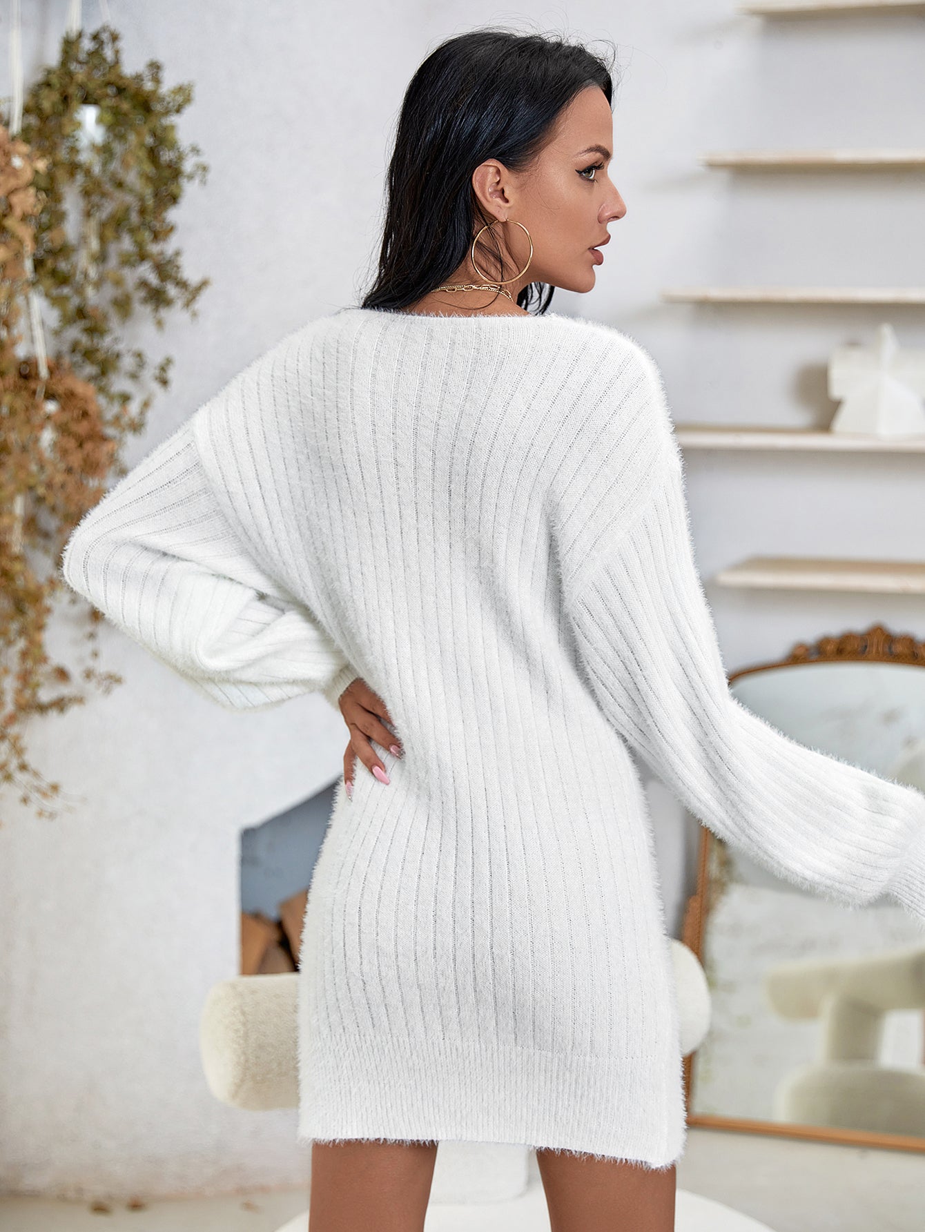 Fuzzy Knit V Neck Lantern Sleeve Sweater Dress