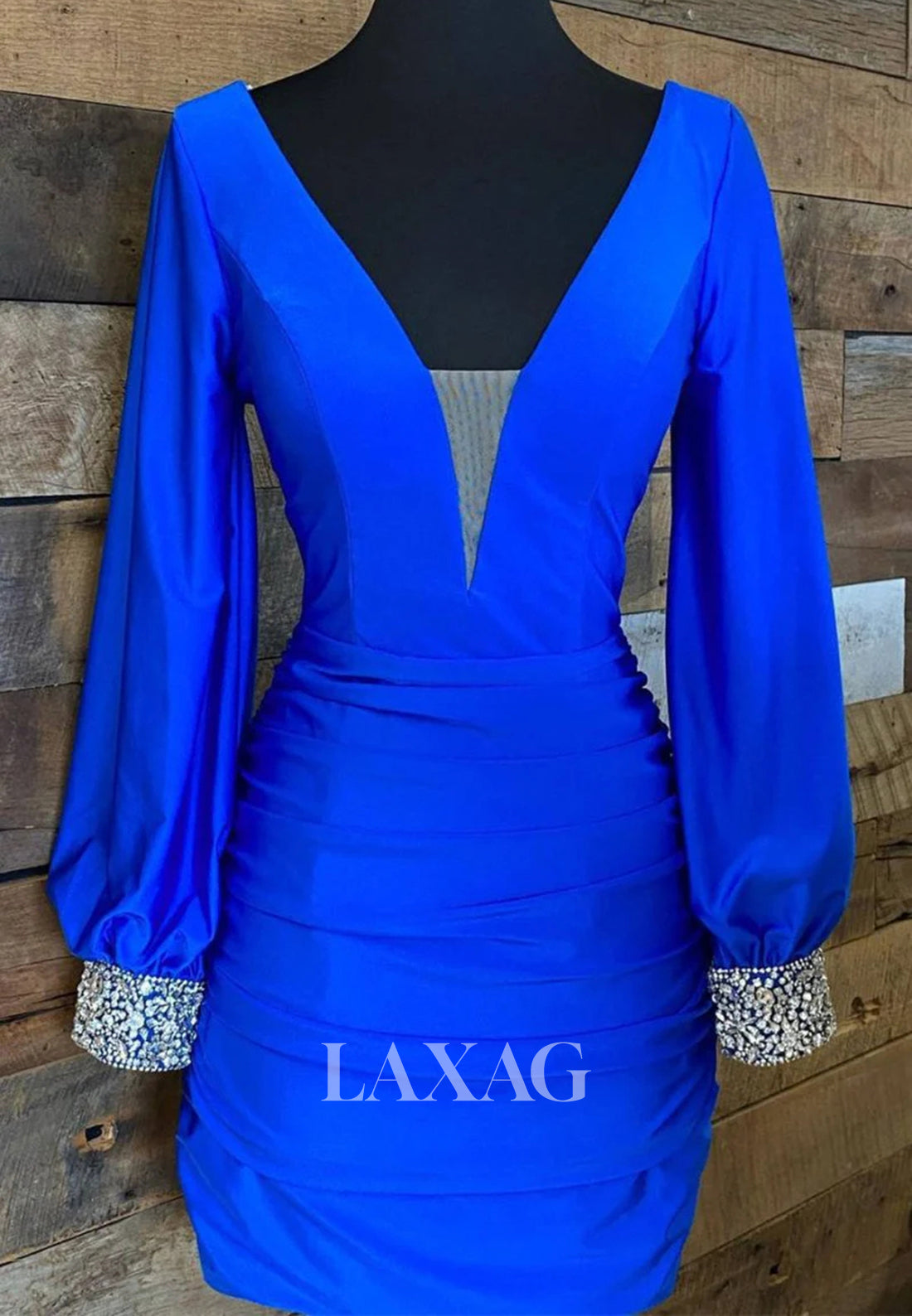 Deep V-Neck Long-Sleeves Beaded Pleated Chiffon Mermaid Short Party Homecoming Dress