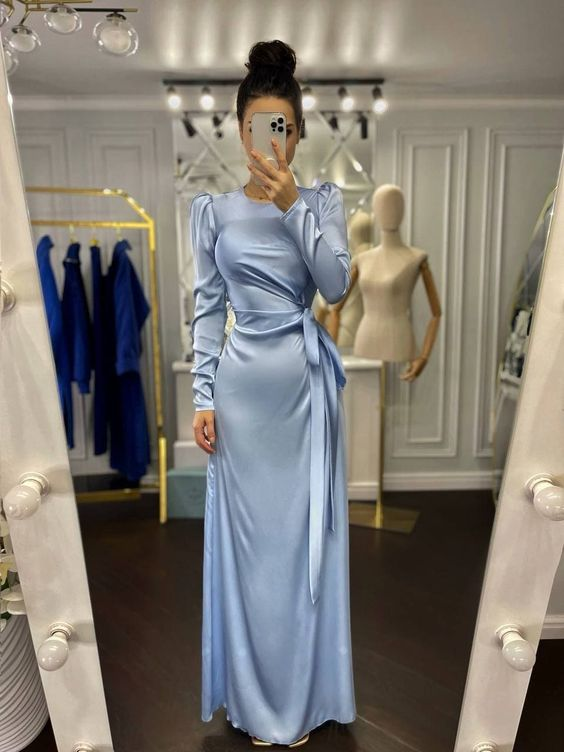 Elegant Light Blue Floor long Silk Dress, Light Blue Silk Evening Dress cc877