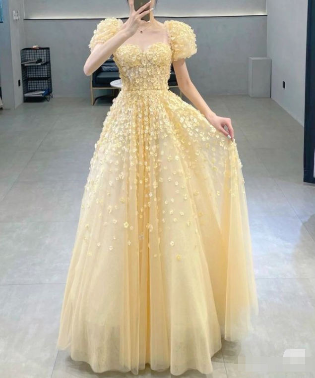 Charming Yellow A-line Puffy Sleeves Floral Prom Dress,Fairy Dress cc1201