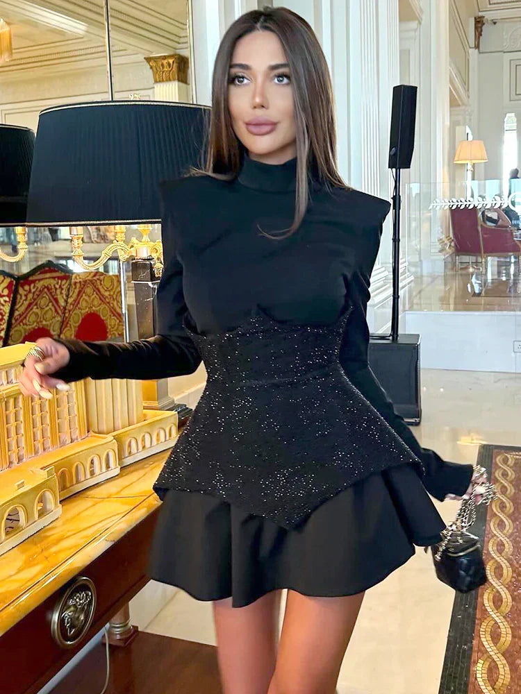 Long Sleeve High Neck Rhinestone Corset Ruffle Mini Dress