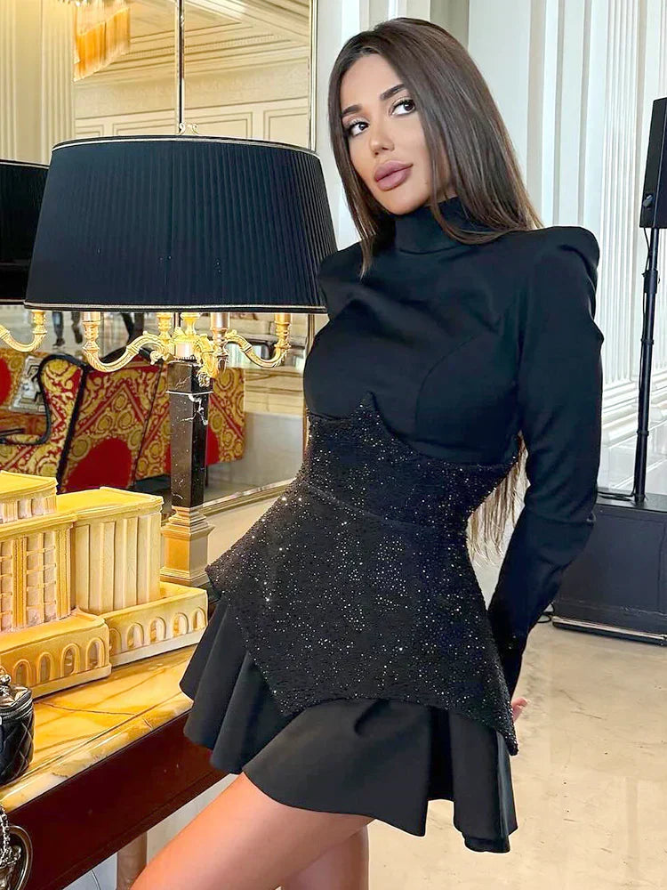 Long Sleeve High Neck Rhinestone Corset Ruffle Mini Dress