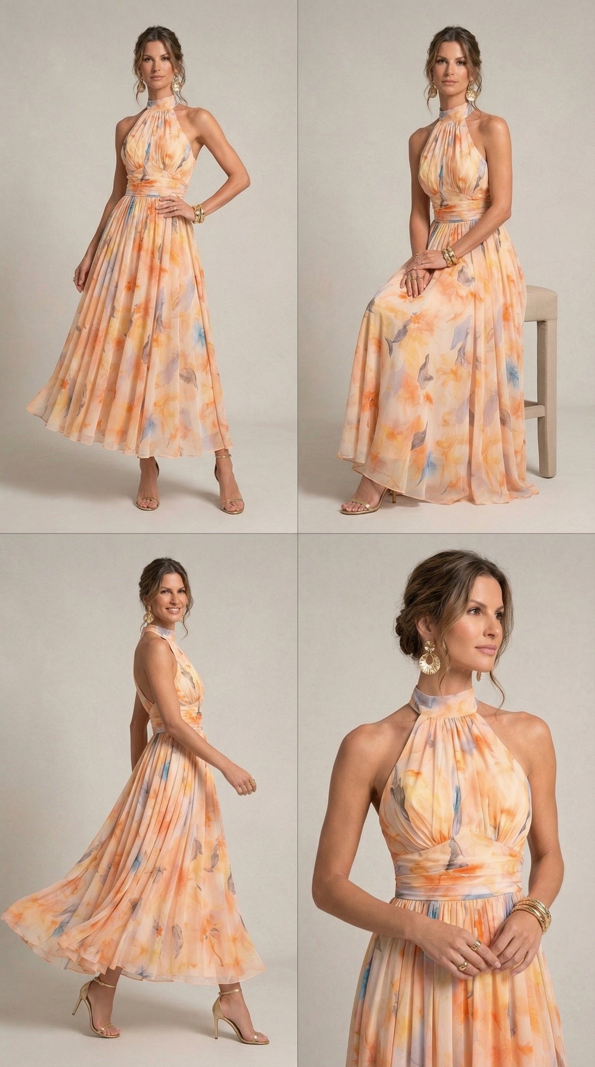 Floral Print Halter Neck Ruched Waist Chiffon Maxi Gown