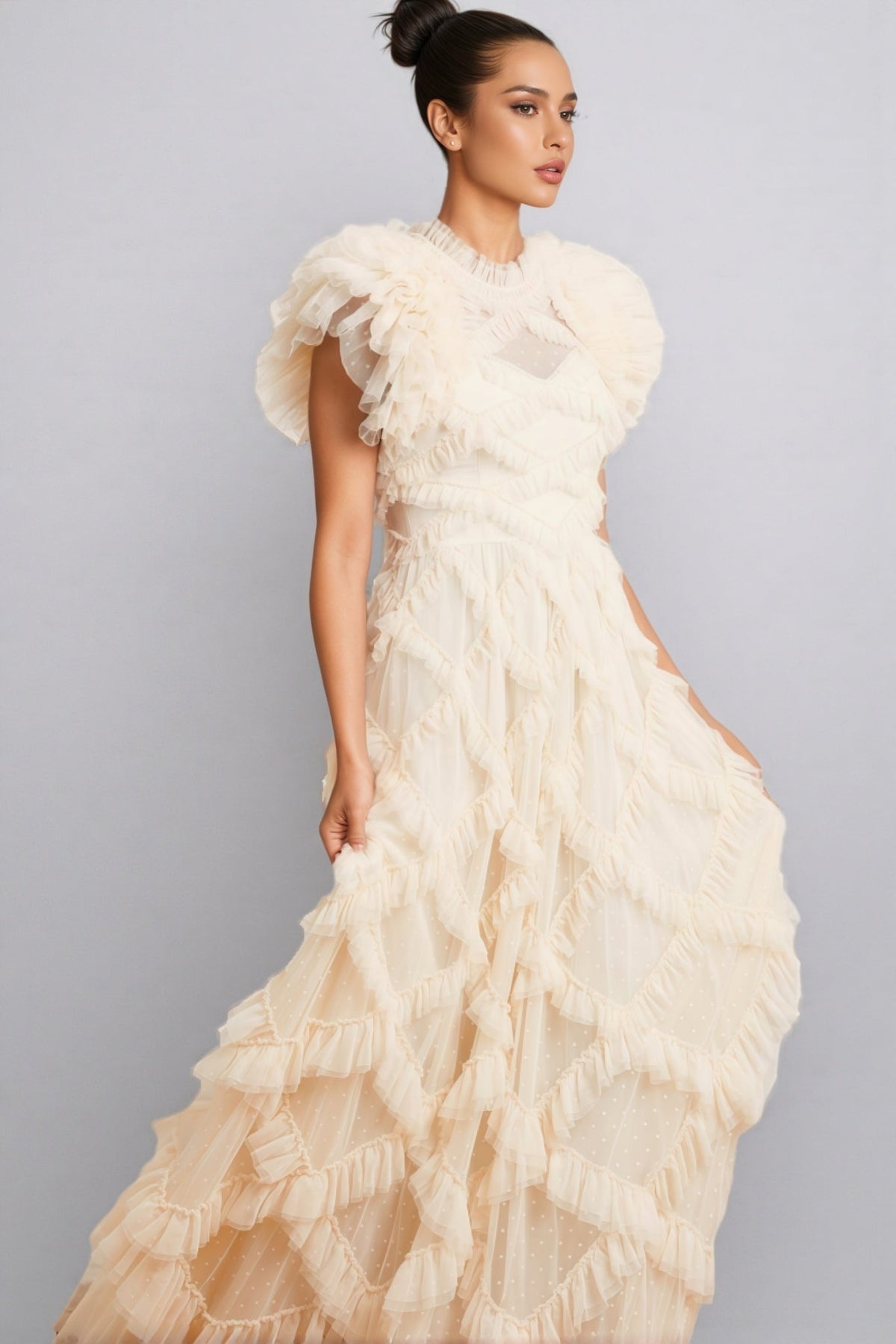 Dotted Mesh Tiered Ruffle Flutter Sleeve Maxi Dress