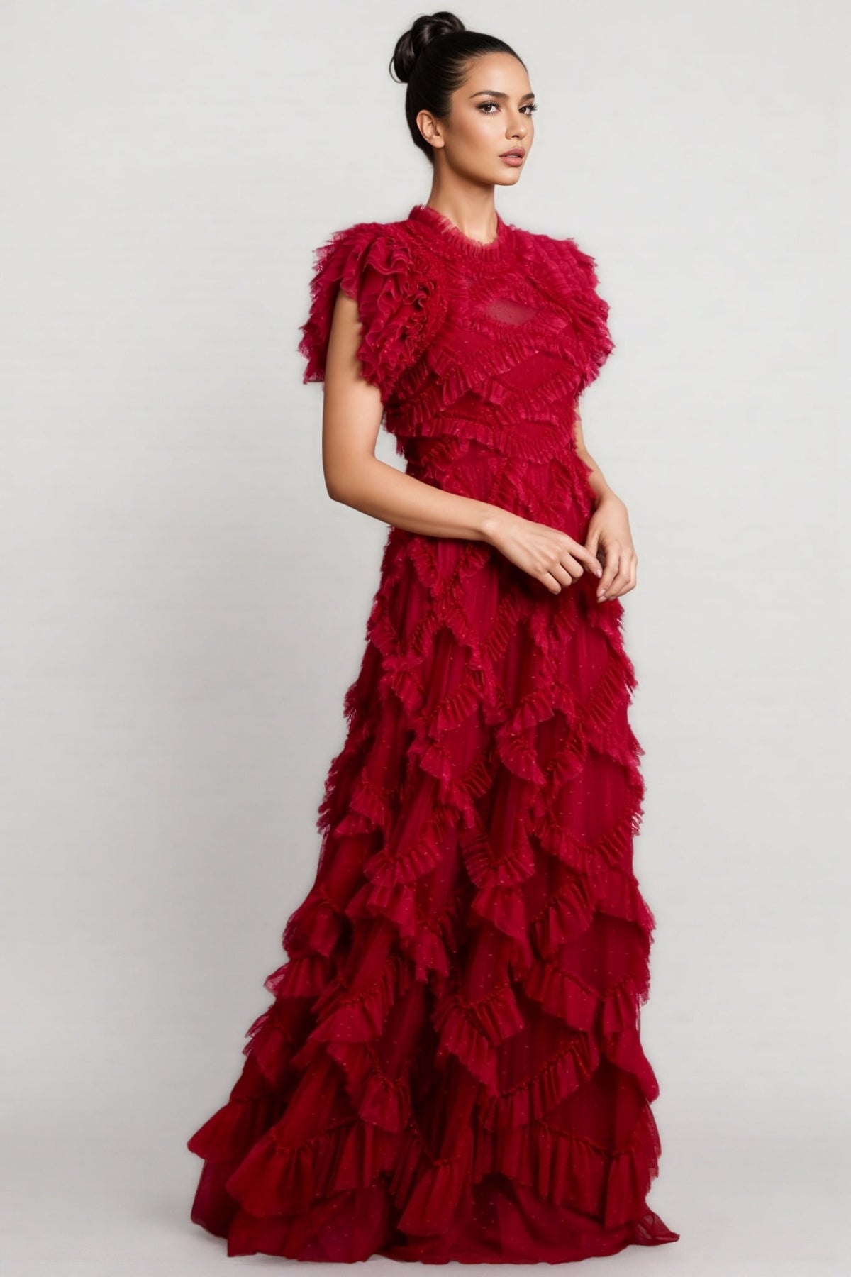 Tiered Ruffle Tulle Mock Neck Flutter Sleeve A-Line Maxi Gown