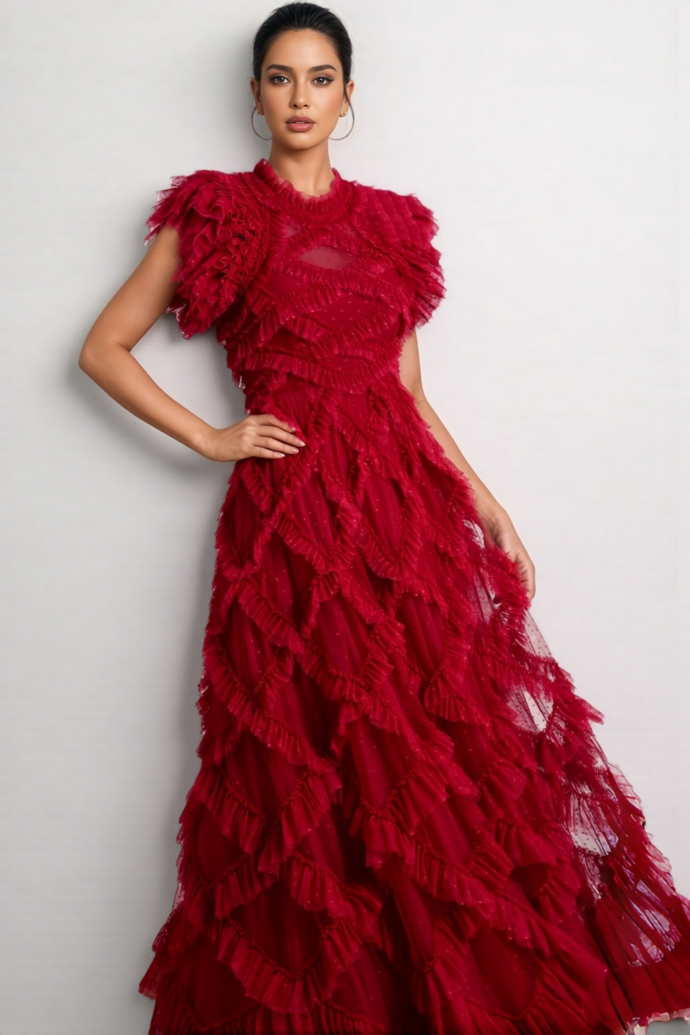 Luni Red Ruffle Lace Maxi Dress - View 3