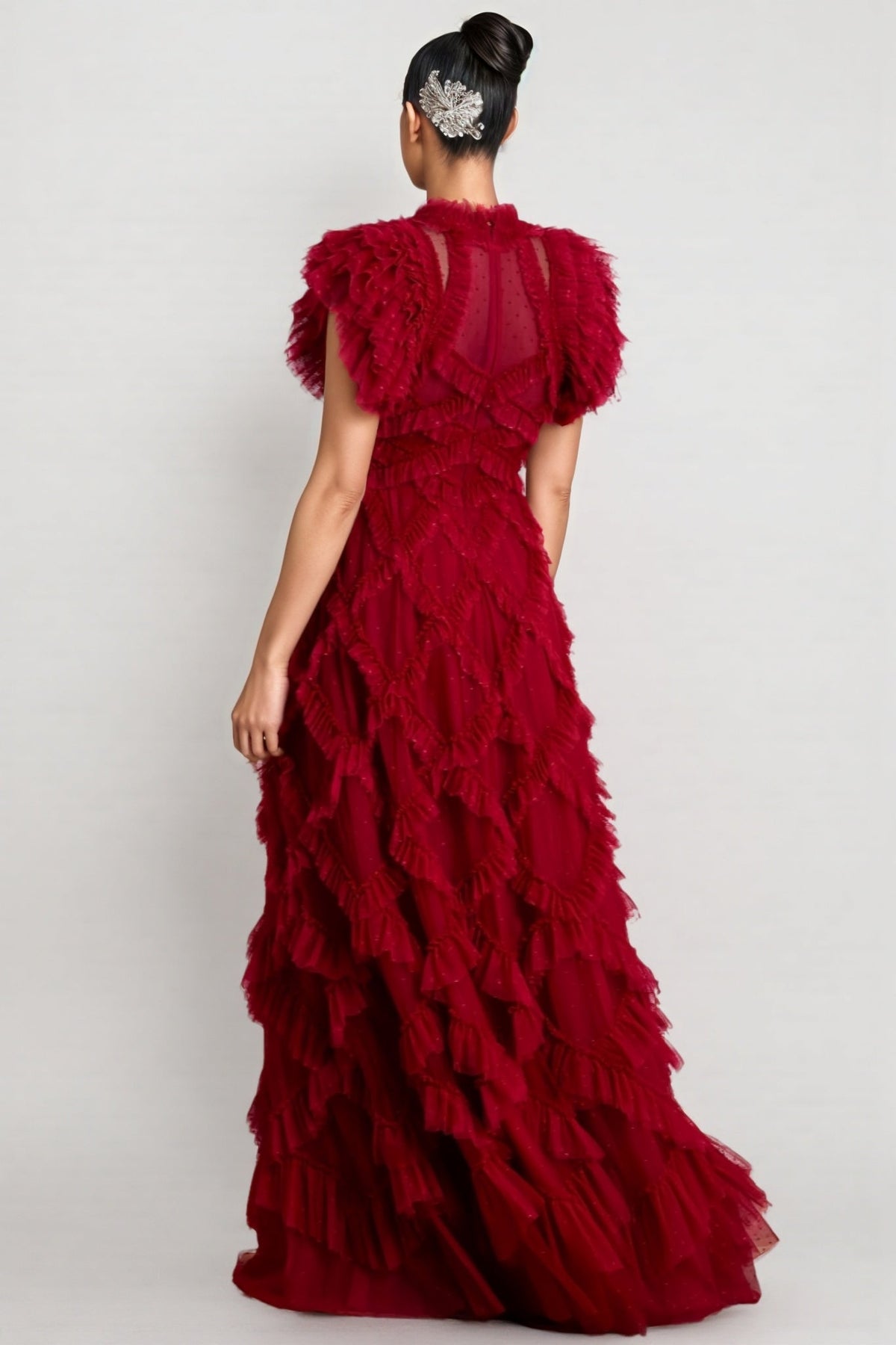 Tiered Ruffle Tulle Mock Neck Flutter Sleeve A-Line Maxi Gown 4