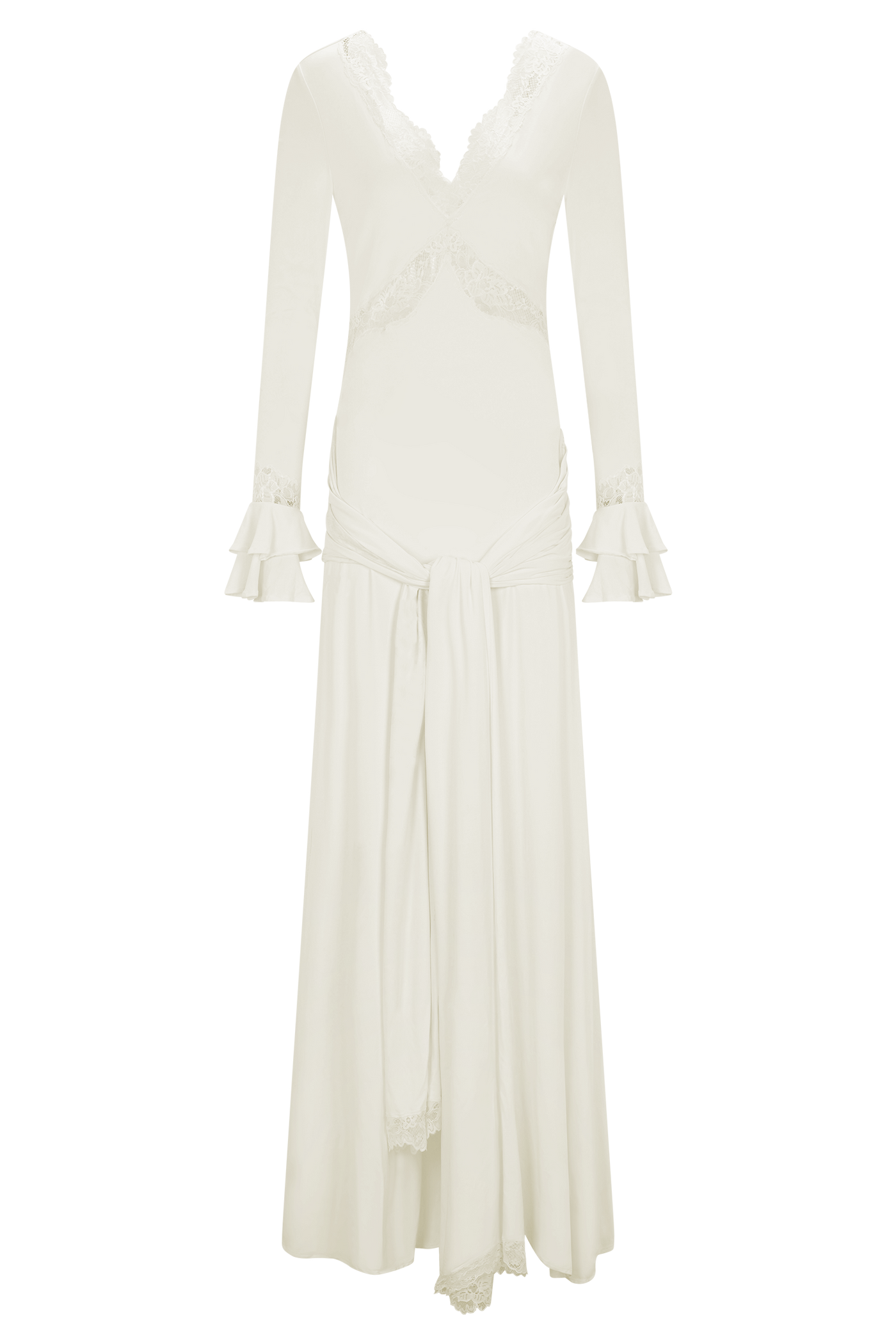 V-Neck Long Sleeve Lace Trim Ruched Maxi Dress 11