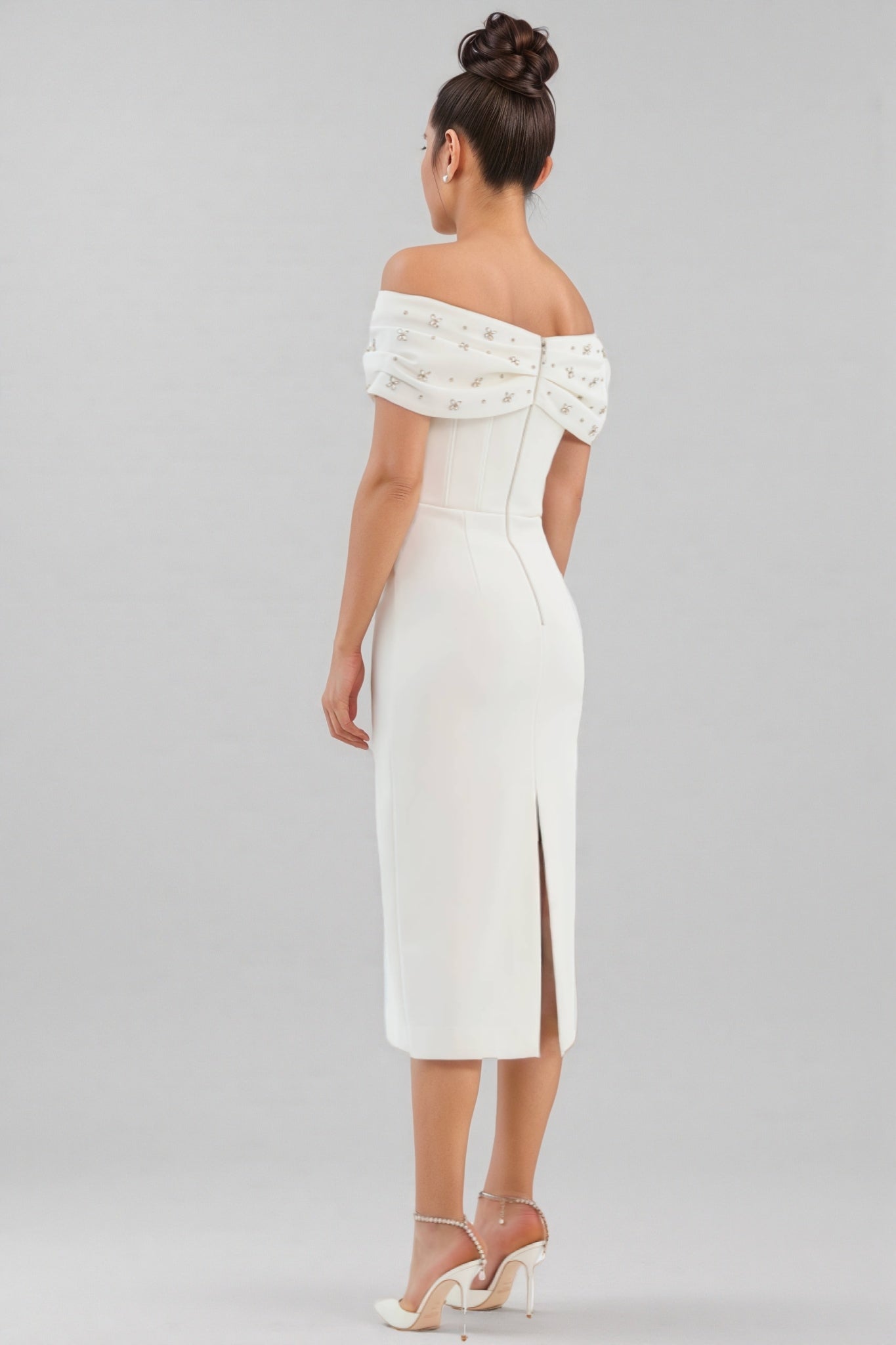 Zivaf White Beaded Rhinestone Midi Dress - View 4
