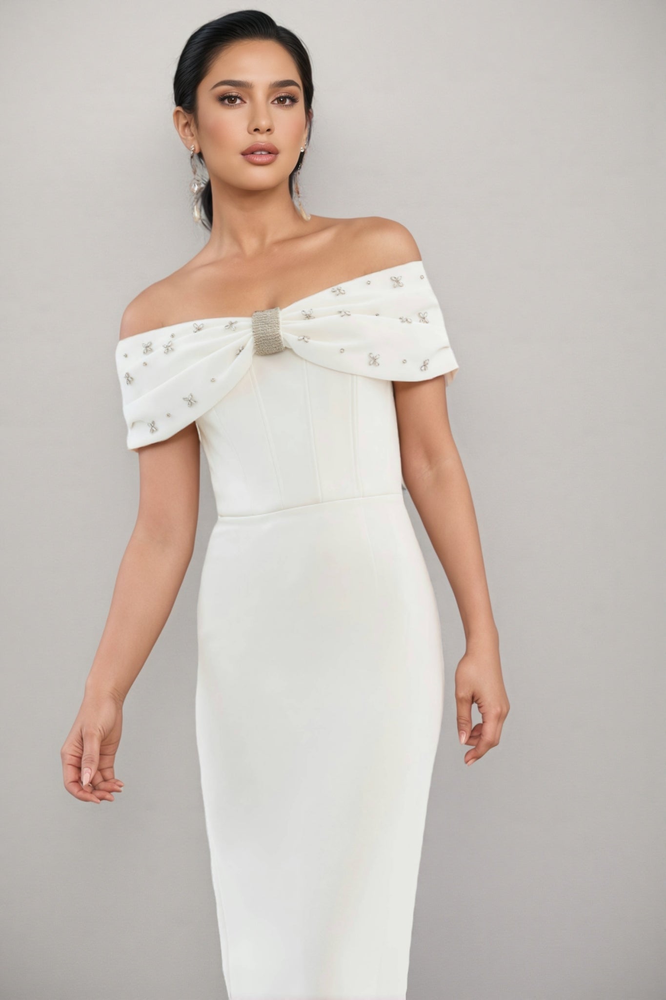 Zivaf White Beaded Rhinestone Midi Dress - View 3