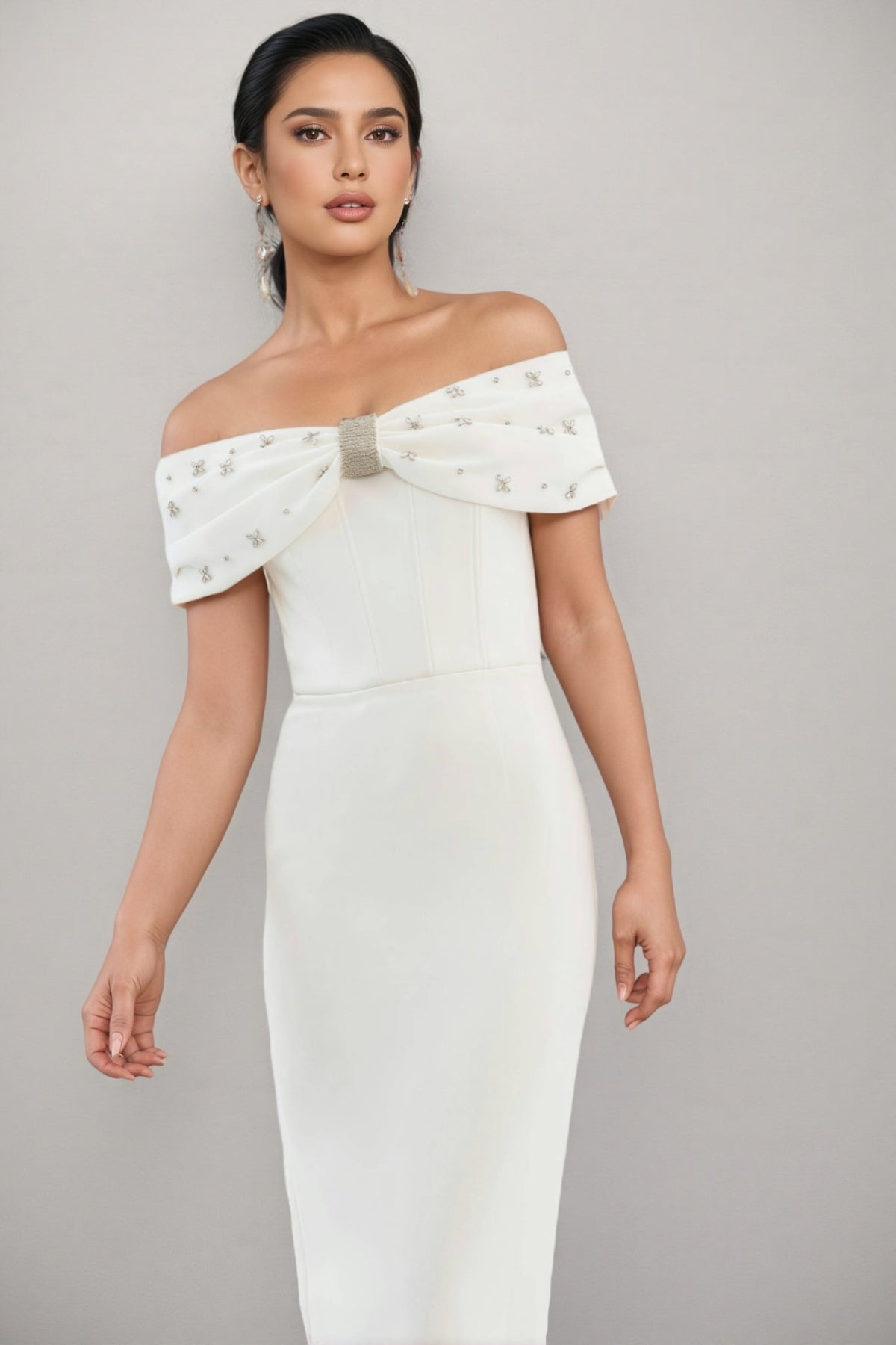 Off Shoulder Beaded Bow Bodycon Midi Cocktail Dress 3