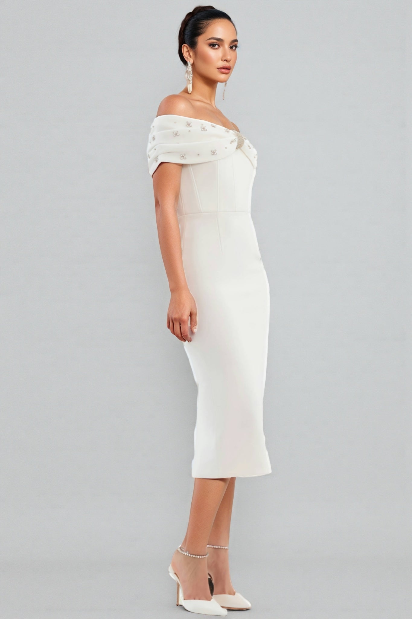 Zivaf White Beaded Rhinestone Midi Dress - View 2