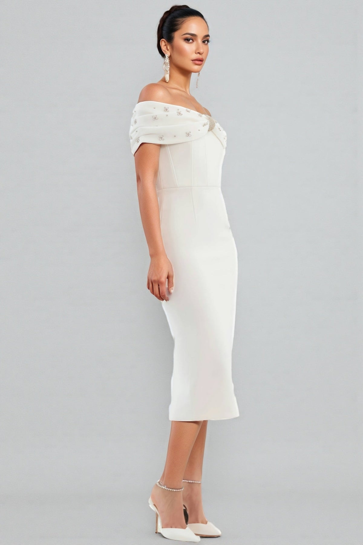 Off Shoulder Beaded Bow Bodycon Midi Cocktail Dress 2
