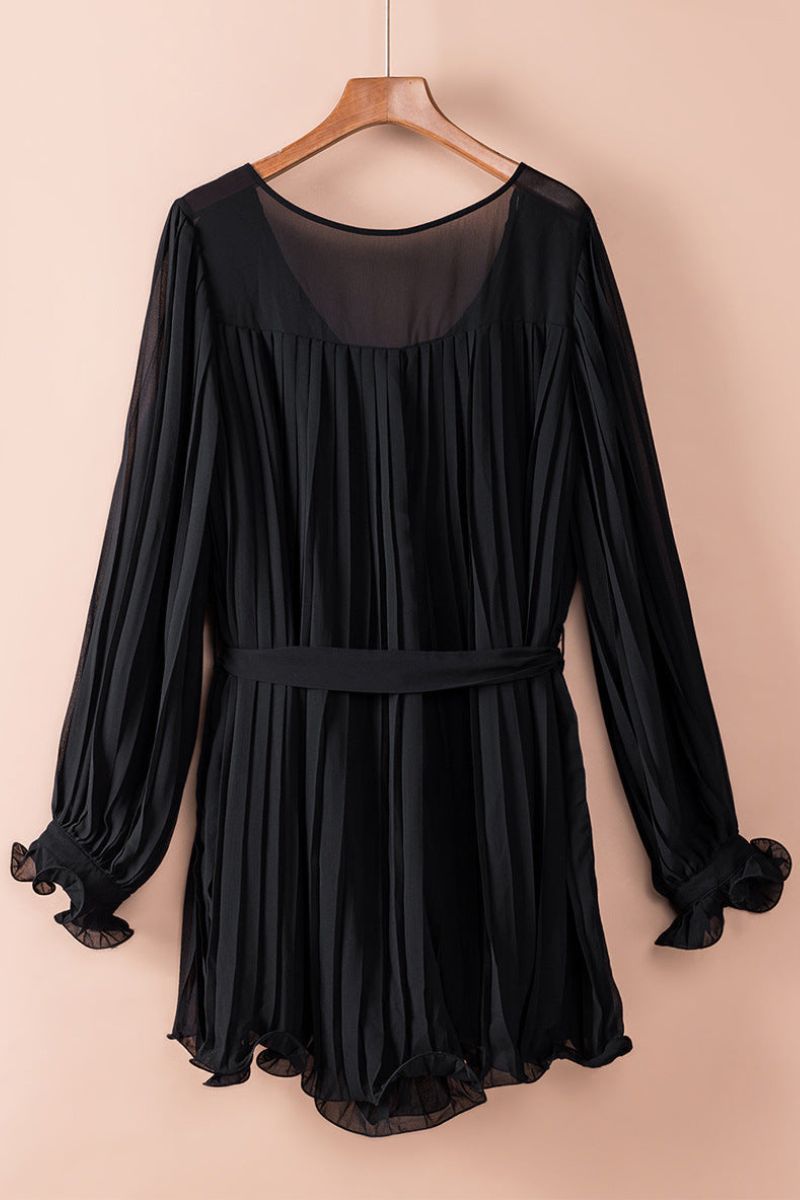 Pleated Deep V-Neck Balloon Sleeve Tie Waist Mini Dress