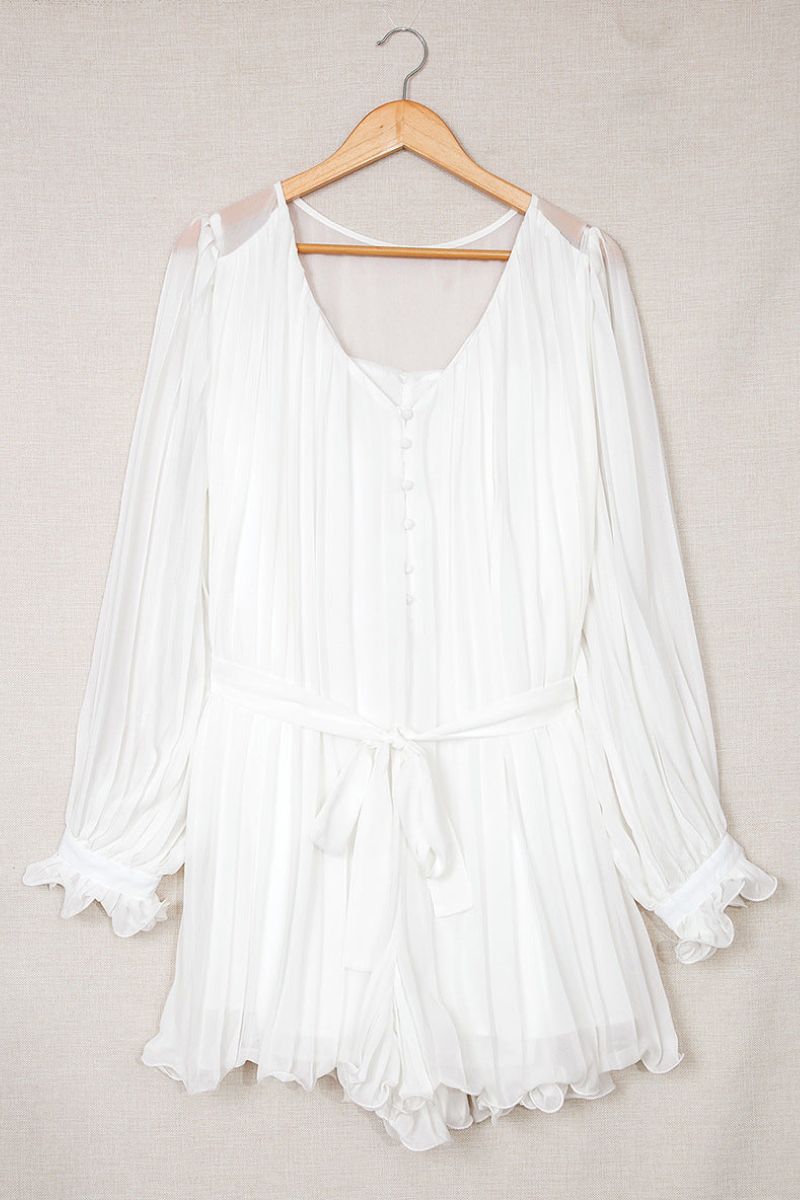 Pleated Deep V-Neck Balloon Sleeve Tie Waist Mini Dress