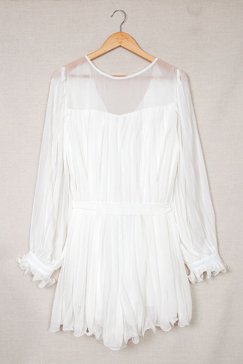 Pleated Deep V-Neck Balloon Sleeve Tie Waist Mini Dress