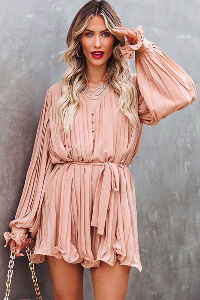 Pleated Deep V-Neck Balloon Sleeve Tie Waist Mini Dress