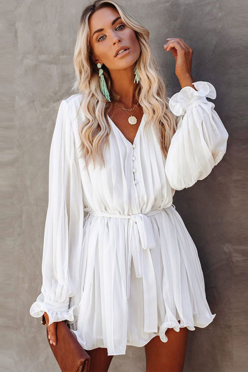 Pleated Deep V-Neck Balloon Sleeve Tie Waist Mini Dress