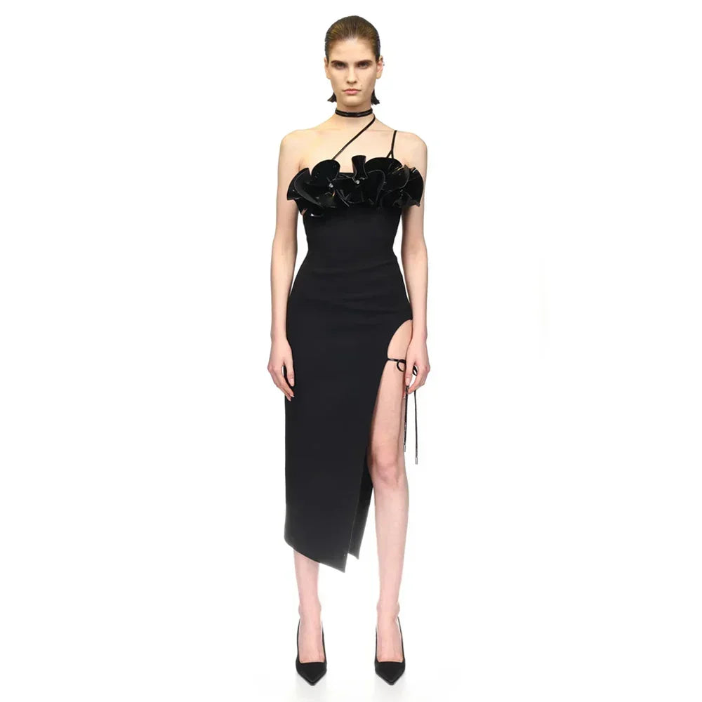 Ruffle Trim Asymmetric Strap High Split Bodycon Midi Dress