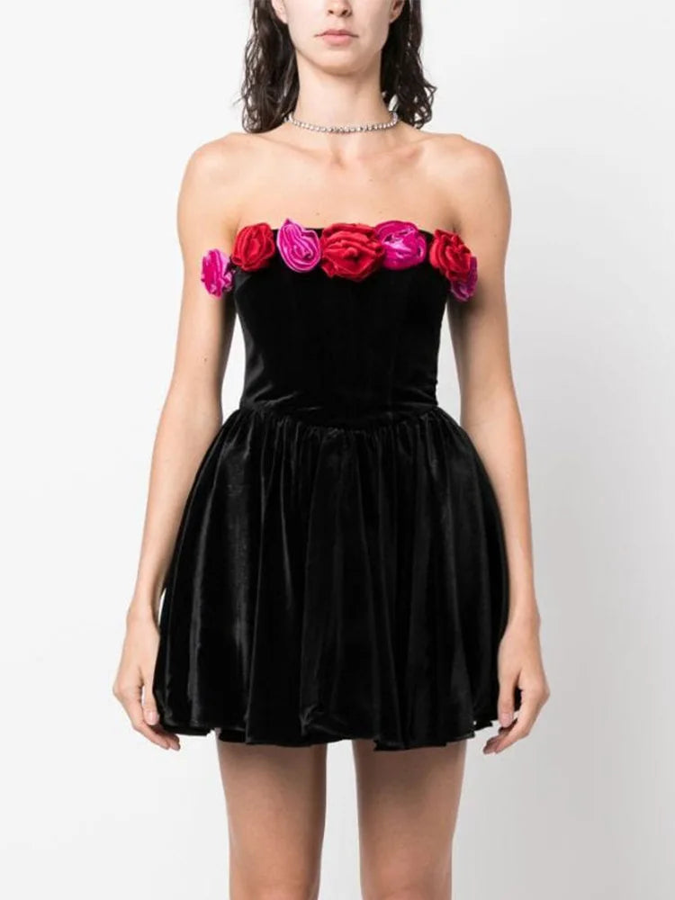 Strapless Velvet Rosette Trim Fit and Flare Mini Party Dress