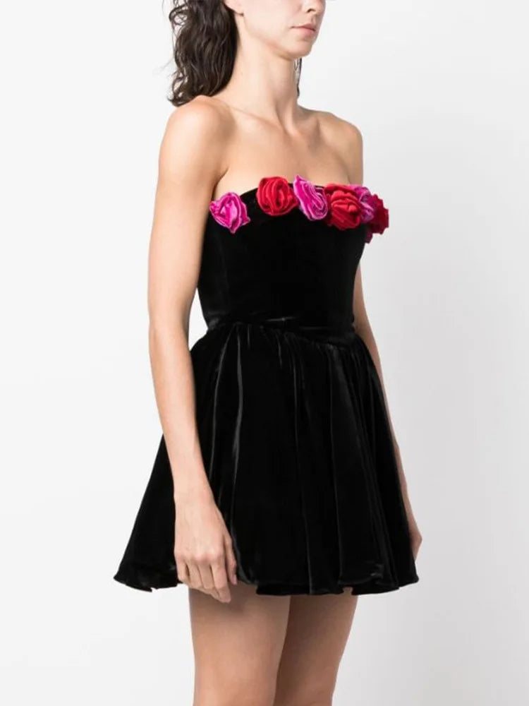 Strapless Velvet Rosette Trim Fit and Flare Mini Party Dress 3