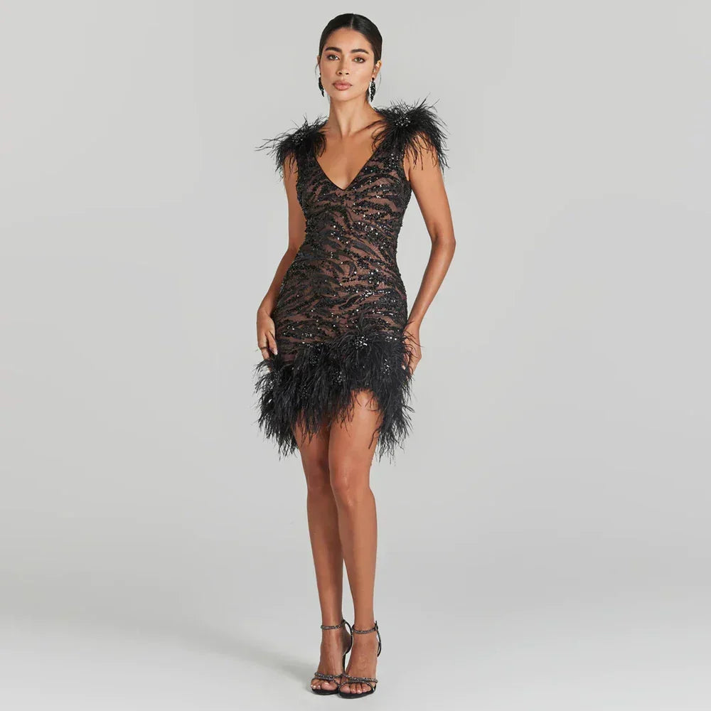 Sequin Deep V-Neck Feather Trim Sleeveless Bodycon Mini Dress