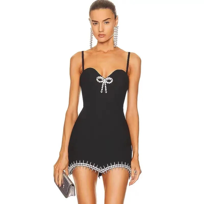 Sweetheart Neck Rhinestone Bow Crystal Trim Hem Mini Dress