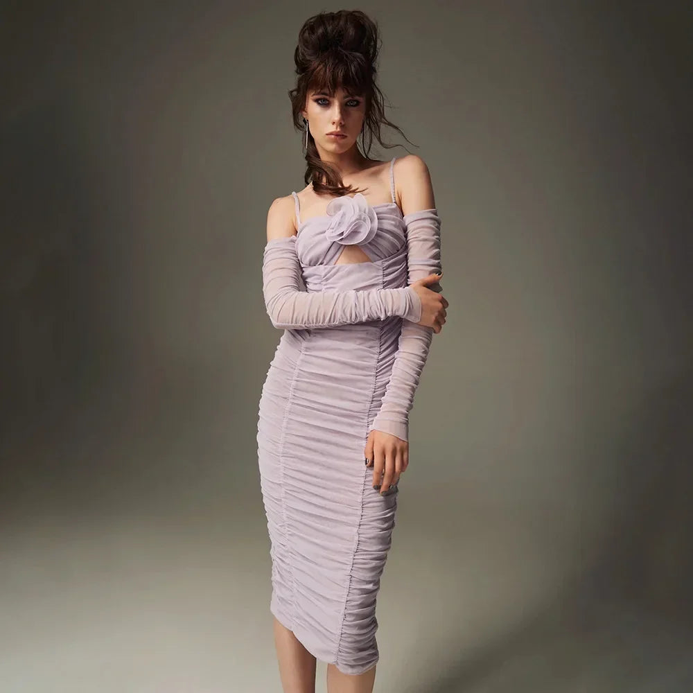 Ruched Mesh Rosette Cut Out Long Sleeve Bodycon Midi Dress