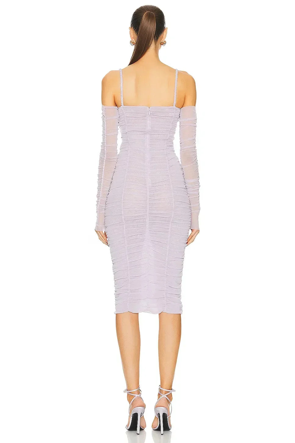 Ruched Mesh Rosette Cut Out Long Sleeve Bodycon Midi Dress 3