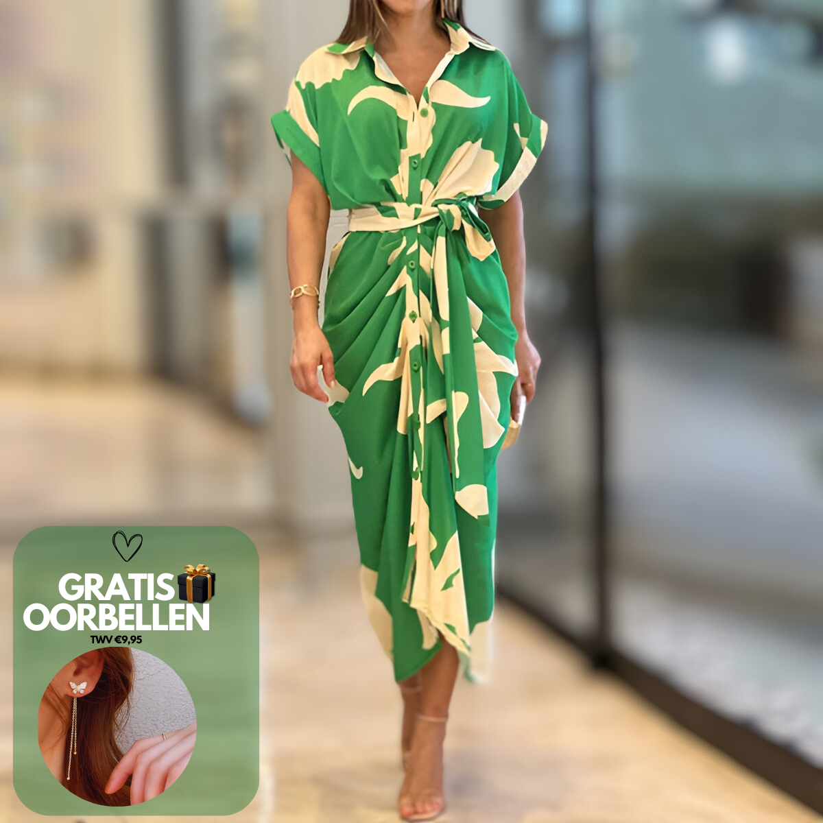 Abstract Print Collar Button Front Tie Waist Draped Gathered Maxi Shirt Dress